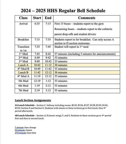 2024 - 2025 Regular Bell Schedule
